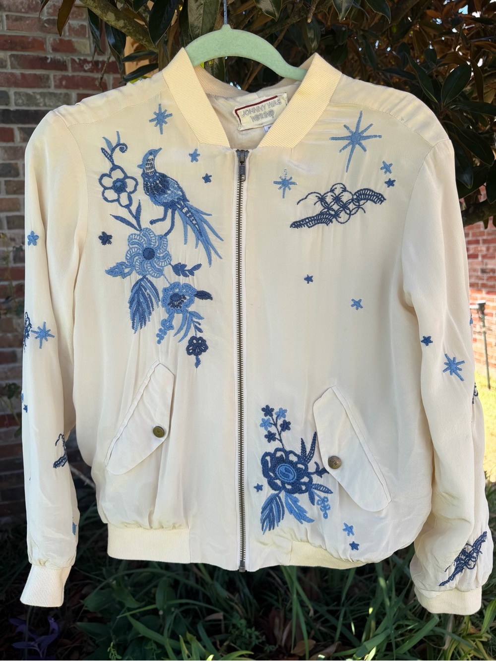 Johnny Was Workshop Silk Embroidered Bomber Jacket XS Tropical Bird Floral